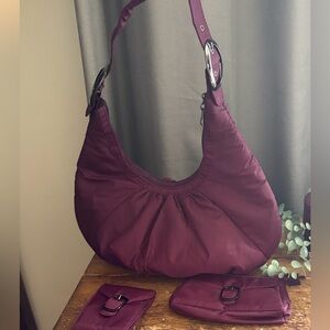 Y2K Slouchy Aubergine Hobo Bag Set w Matching Pouches | Nylon Shoulder Purse